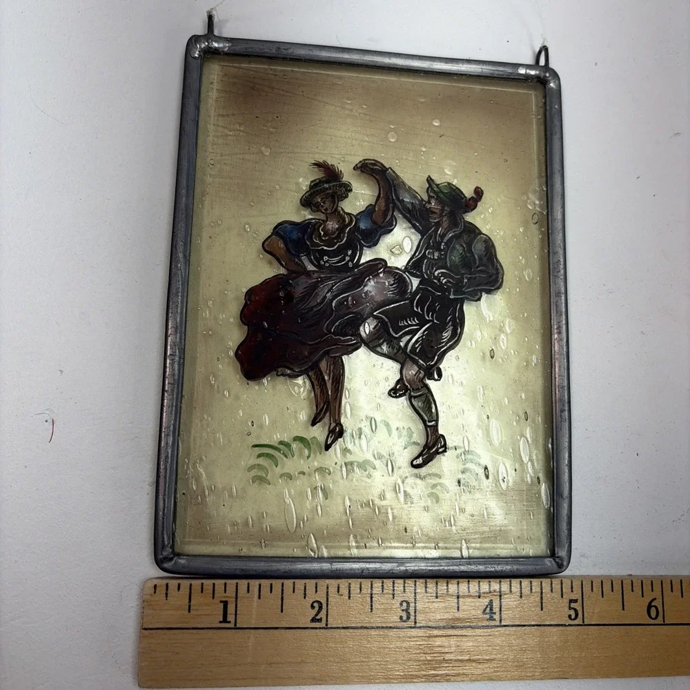 Vintage German Glass Reverse Painting Dancing Couple Metal Frame Oktoberfest